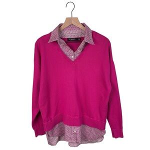 Lauren Ralph Lauren Layered Look Twofer V-neck Sweater Pink Green Size Large